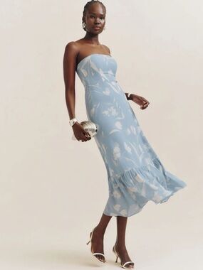 Reformation Arta Strapless Blue Floral Long Dress in Clarity size 12